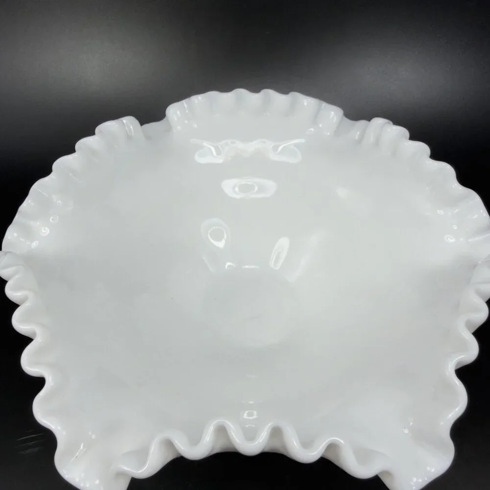 Fenton‎ Hobnail Milk Glass Ruffled Edge Footed Dish Bowl Container White Vintage